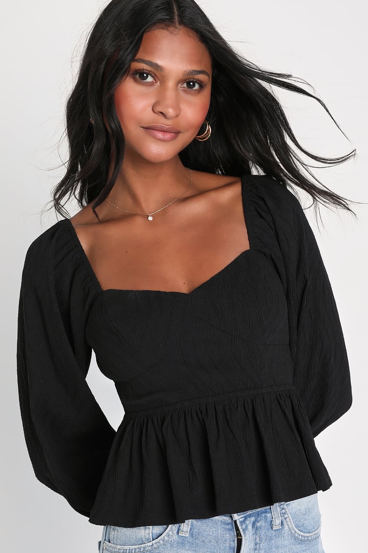 Stunning Aesthetic Black Lace-Up Ruffled Balloon Sleeve Top