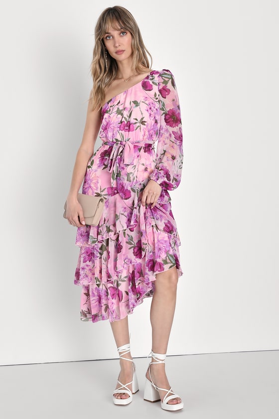 Lulus Such Sweetness Pink Floral Print Tiered Ruffled Midi Dress