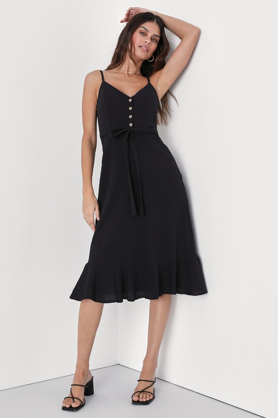 Lulus Cruise To Capri Black Belted Button-front Midi Dress