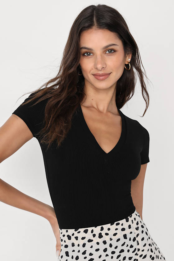 Black Ribbed Knit Bodysuit VNeck Bodysuit Short Sleeve Top Lulus
