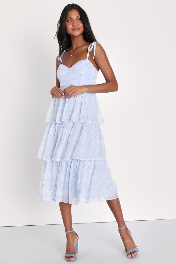 Lulus Vineyard Visit Blue Embroidered Tie-strap Tiered Midi Dress