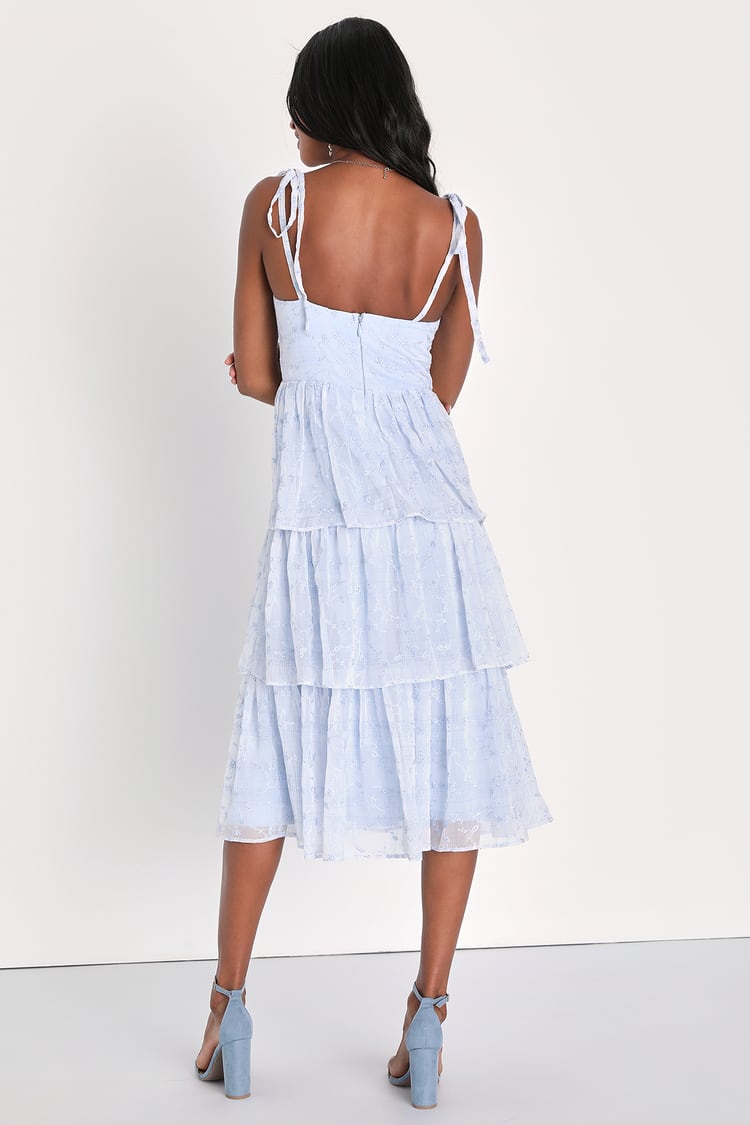 Vineyard Visit Blue Embroidered Tie-Strap Tiered Midi Dress