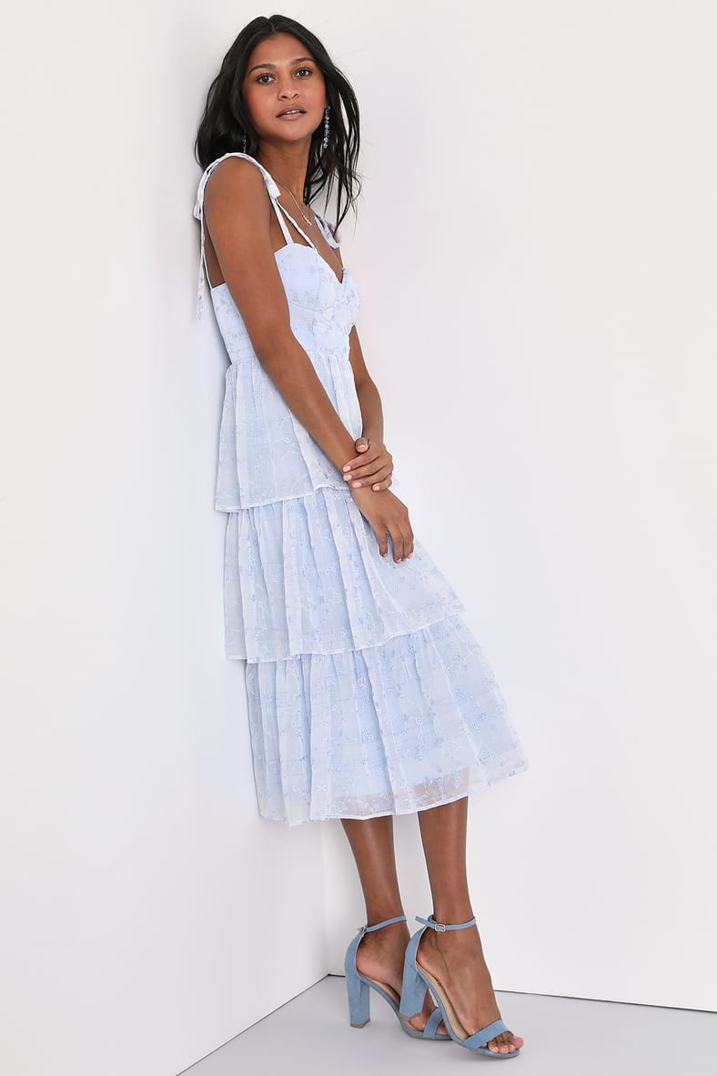 Vineyard Visit Blue Embroidered Tie-Strap Tiered Midi Dress