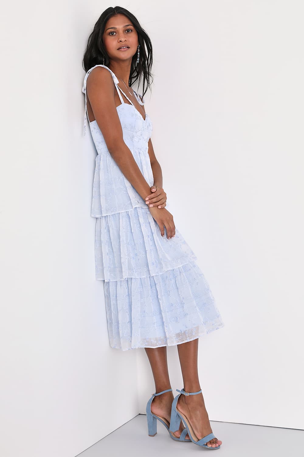 Vineyard Visit Blue Embroidered Tie-Strap Tiered Midi Dress