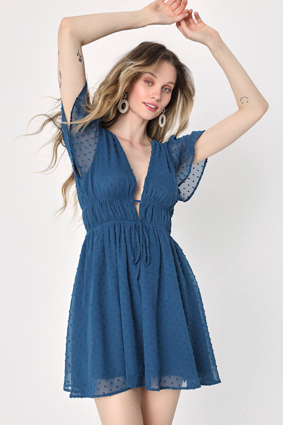 Swiss Dot V-Neck Flutter Sleeve Mini Dress main image 0