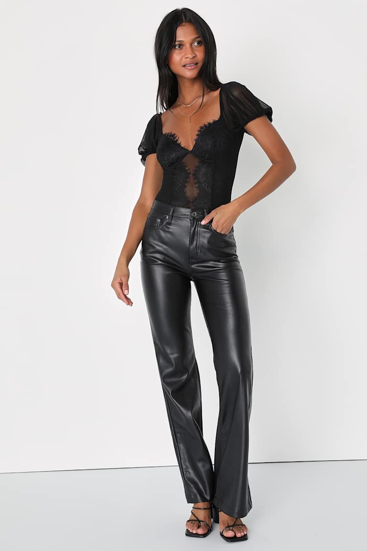 Stay Sultry Black Mesh Lace Puff Sleeve Bodysuit