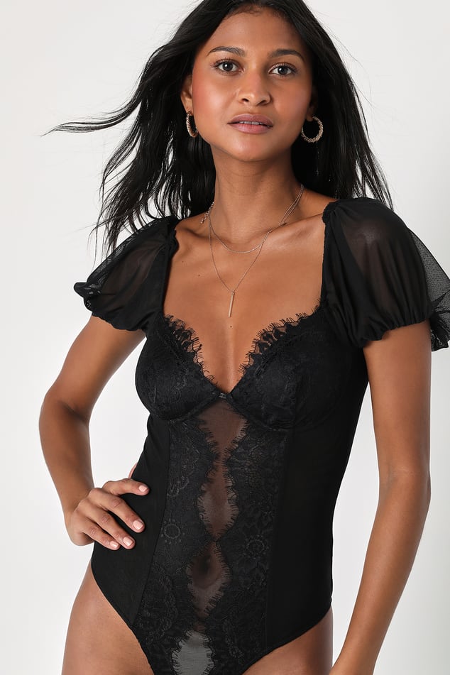 Stay Sultry Black Mesh Lace Puff Sleeve Bodysuit