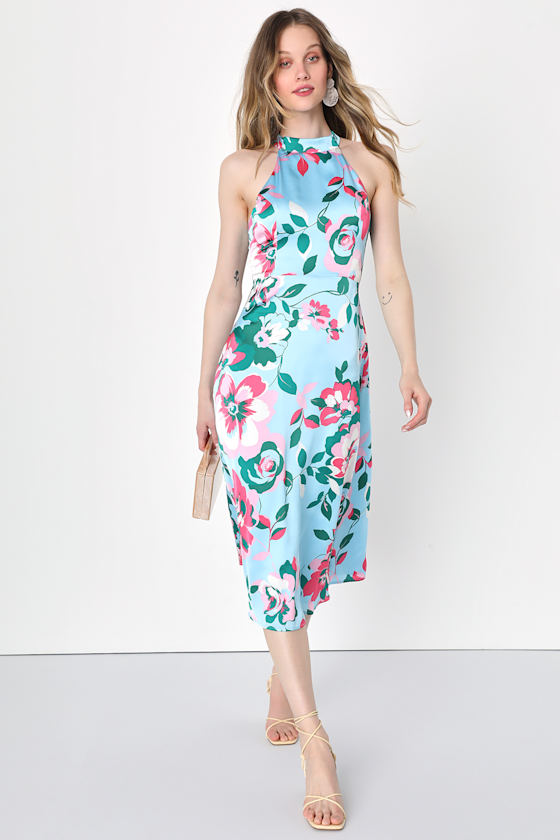 Bess Blue Ruched Floral Halter Dress
