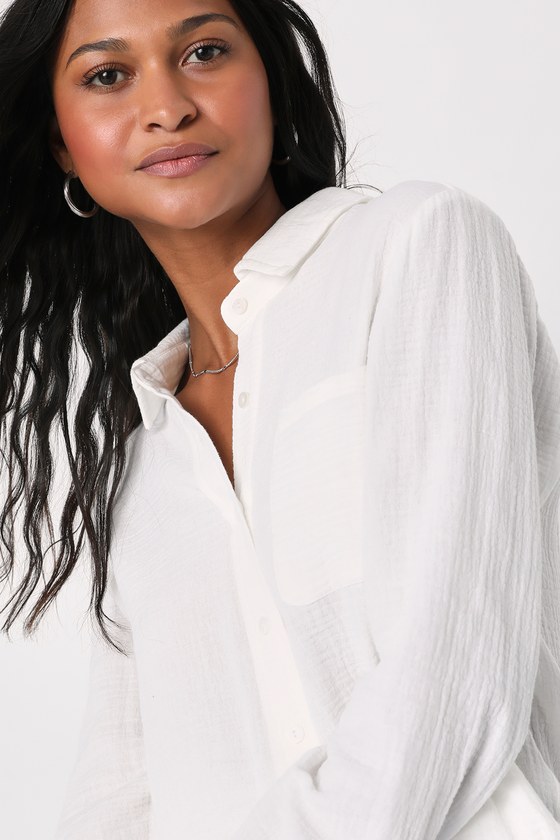 White Cotton Top - Button-Up Top - Collared Top - Long Sleeve Top - Lulus