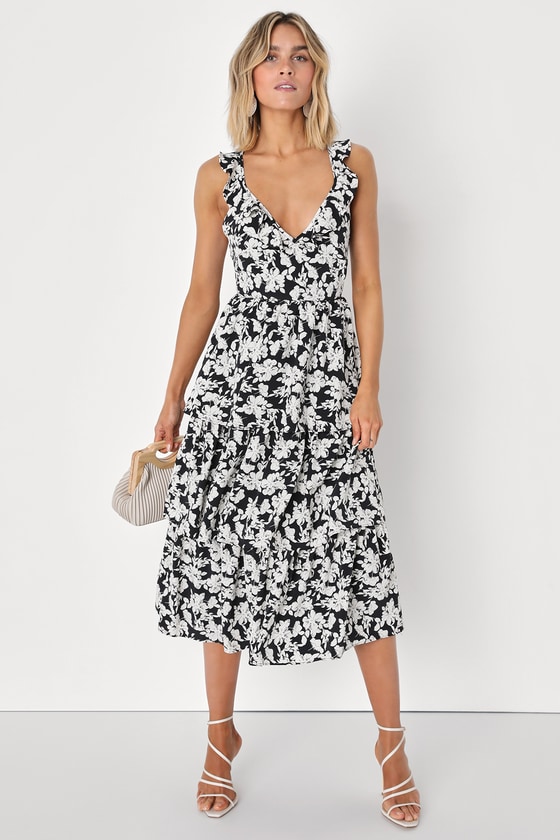 Black Floral Print Dress - Tiered Midi Dress - Backless Midi Dres - Lulus
