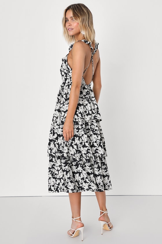 Black Floral Print Dress - Tiered Midi Dress - Backless Midi Dres - Lulus