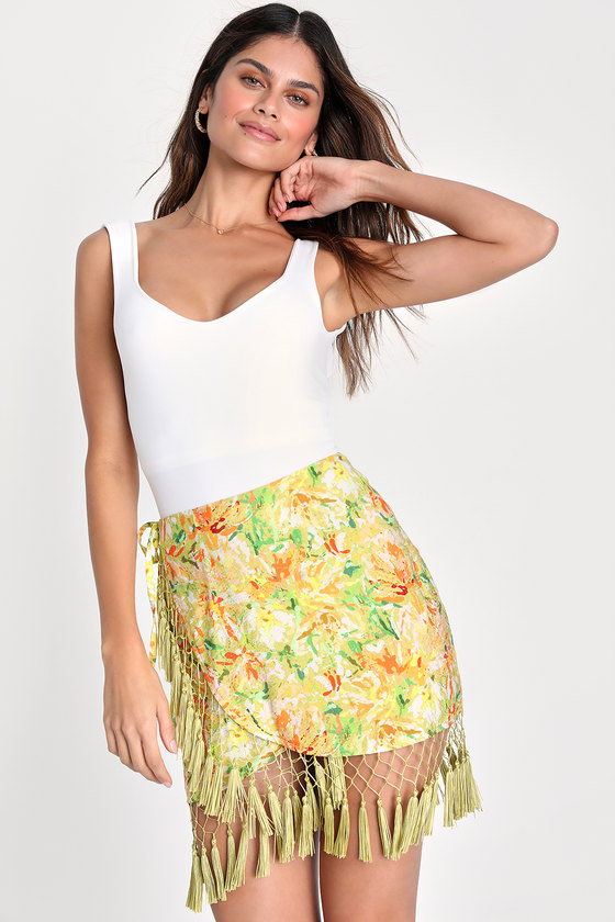 Lulus Getaway Mode Lime Green Floral Tassel Wrap Mini Skirt