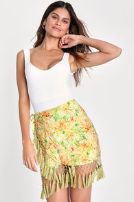 Getaway Mode Lime Green Floral Tassel Wrap Mini Skirt