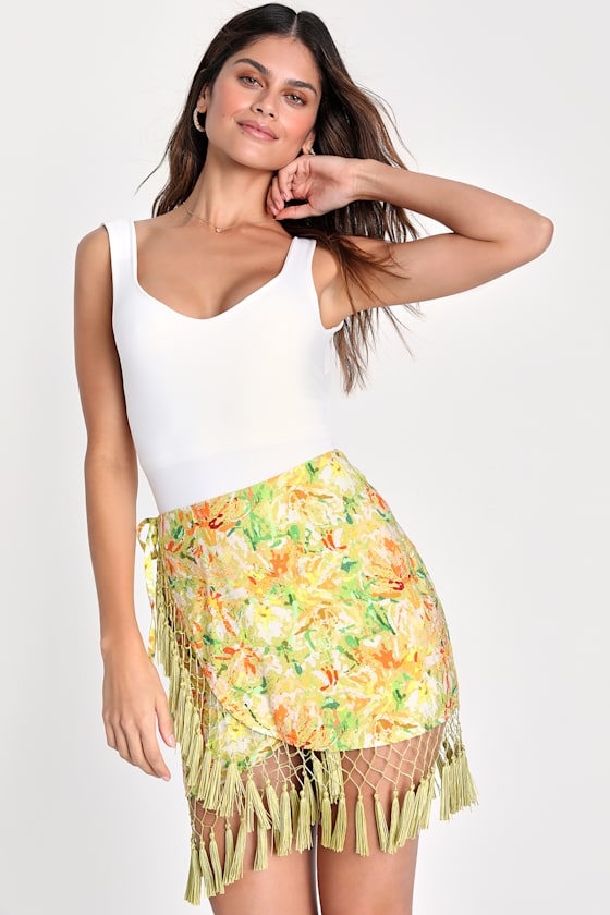 Lime Green Floral Skirt Tassel Wrap Skirt Fringe Wrap Skirt Lulus