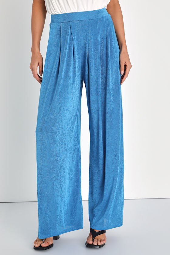Diva Dedication Blue Knit High-Waisted Wide-Leg Pants