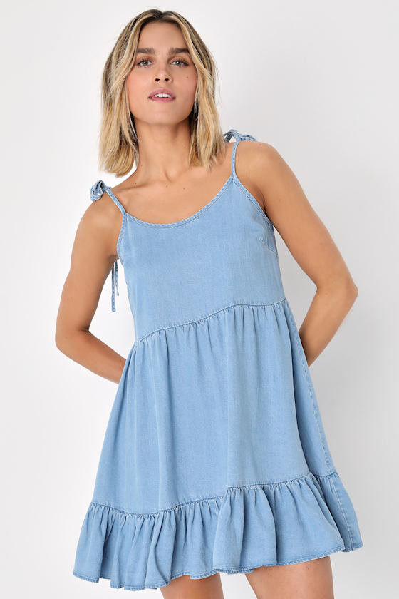 Blue Chambray Dress TieStrap Dress Chambray Babydoll Dress Lulus
