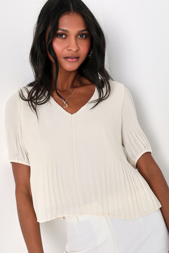 Ivory Plisse Blouse - Short Sleeve Top - Pleated Top - Plisse Top - Lulus