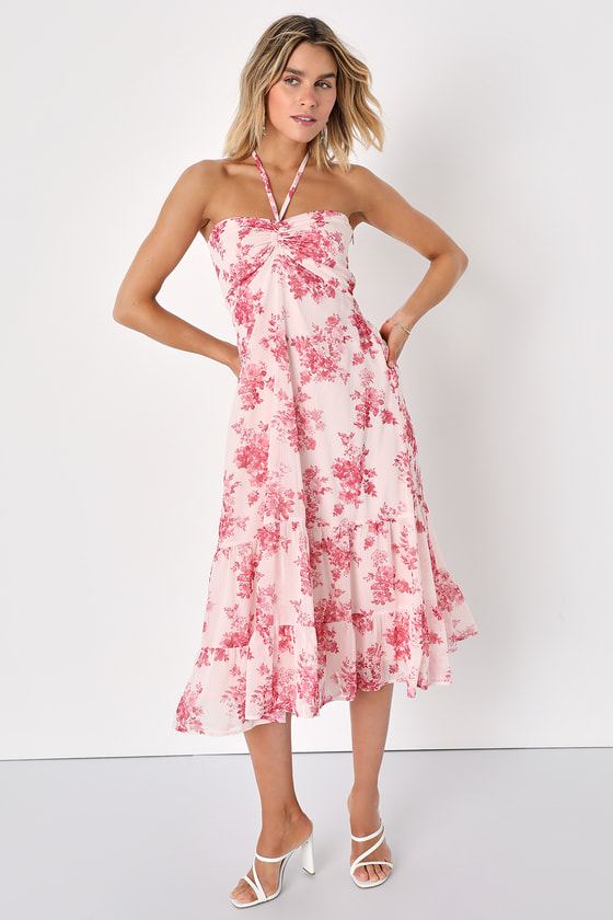 Pink Floral Dress - Halter Neck Midi Dress - Tiered Midi