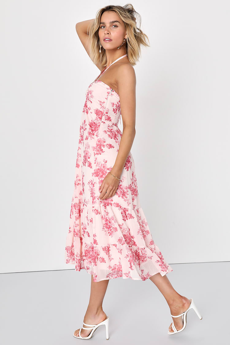 Lulus | Briarwood Blush Pink Lace Ruffled Midi Dress | Size Large | 100% Polyester