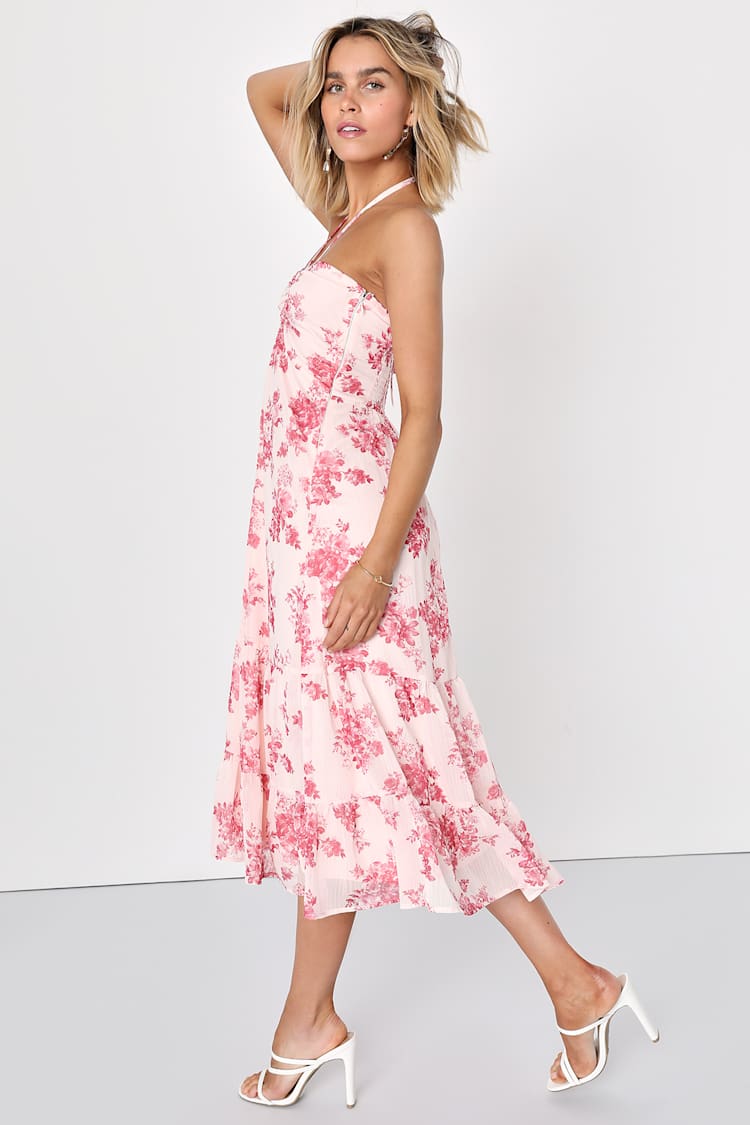 Pink Floral Dress - Halter Neck Midi Dress - Tiered Midi Dress - Lulus Pink Floral Dress - Halter Neck Midi Dress - Tiered Midi Dress - Lulus