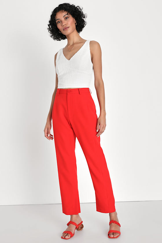 Red High Waisted Pants Trouser Pants High Waist Work Pants Lulus
