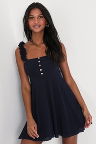 Simply Dainty Navy Ruffled Button-Front Mini Dress With Pockets