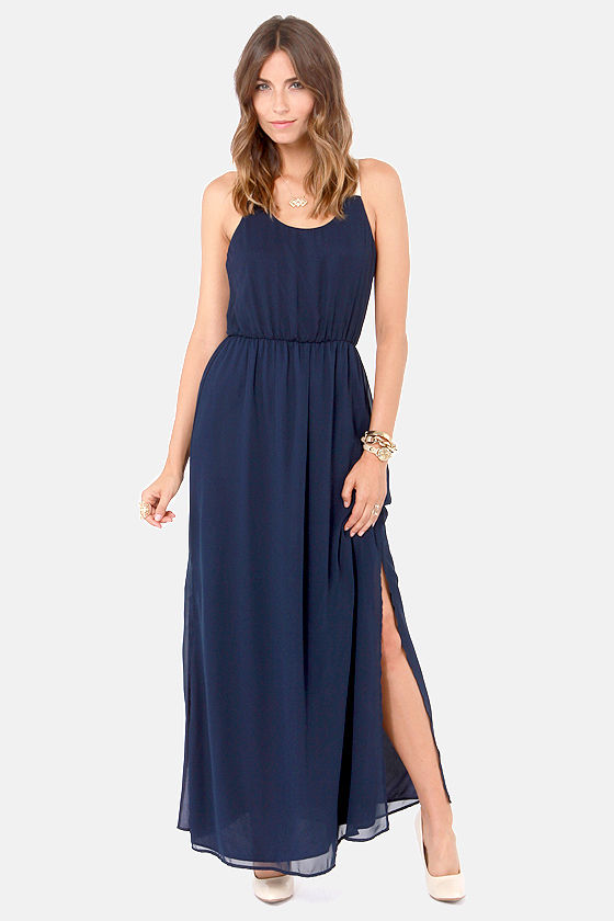 navy blue long dress with slit