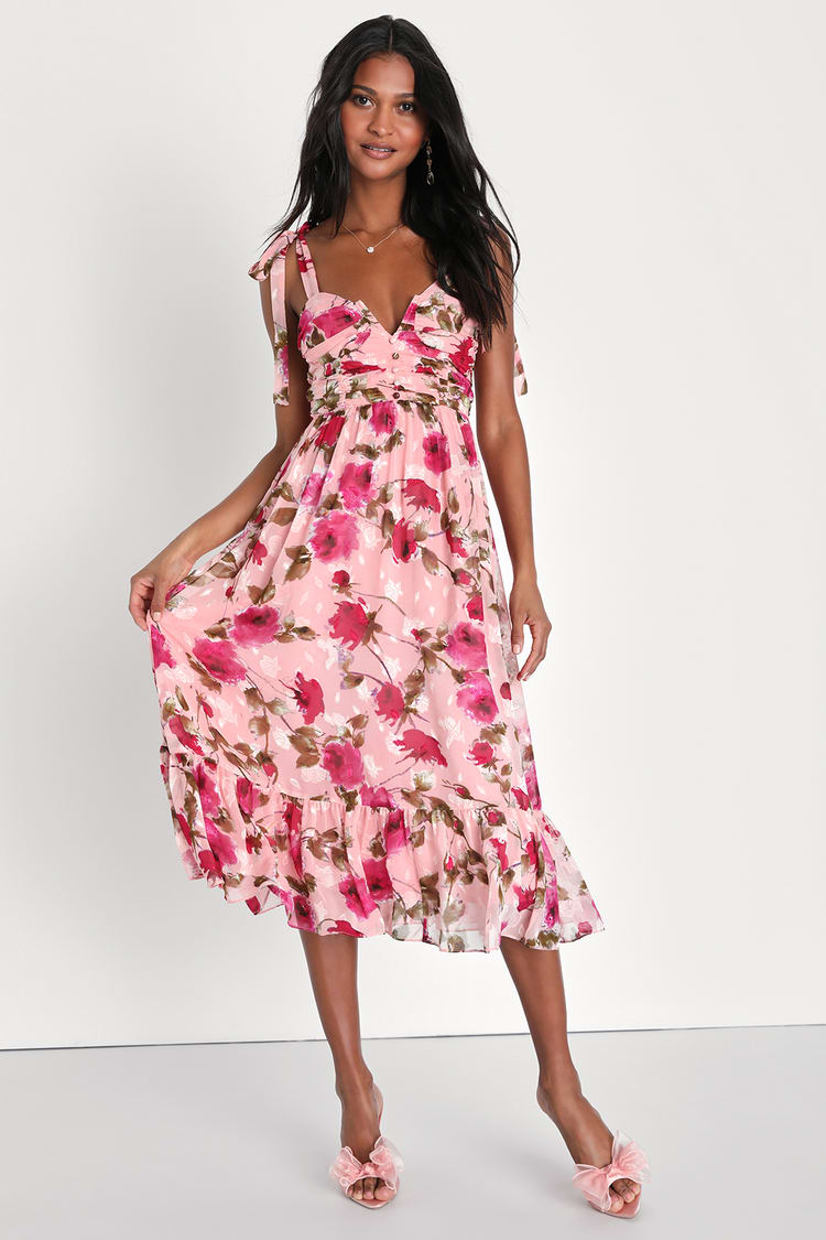 Pink Floral Midi Dress - Tie-Strap Dress - Gathered Floral Dress - Lulus