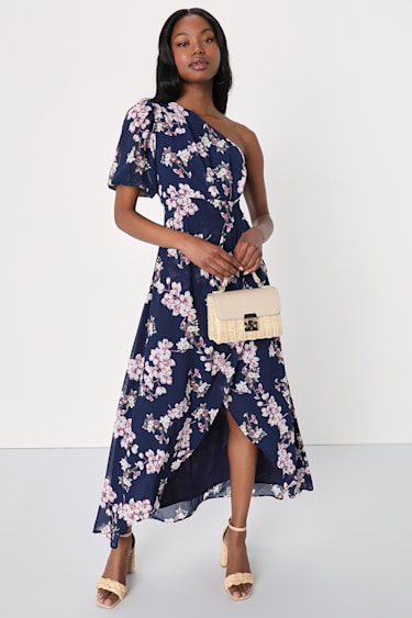 Sensational Perfection Navy Floral One-Shoulder High-Low Dress