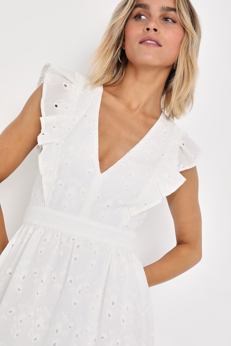 Flirtatious in Florence White Ruffled Eyelet Cotton Mini Dress