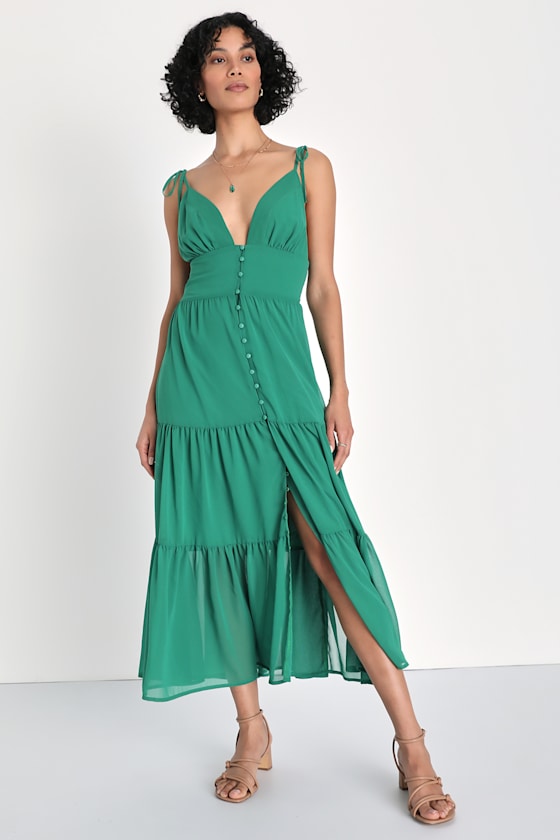 Green Midi Dress Chiffon Dress TieStrap Dress Tiered Dress Lulus
