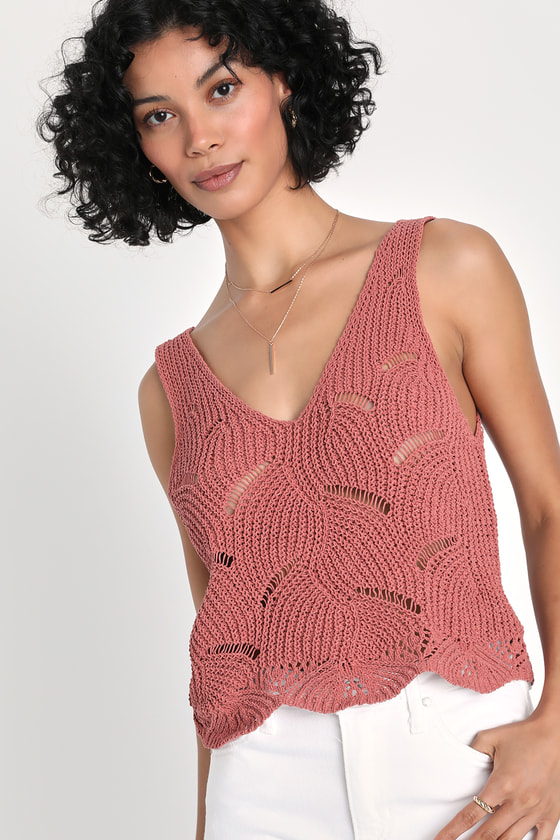 Pointelle Rose Sleeveless Cropped Sweater