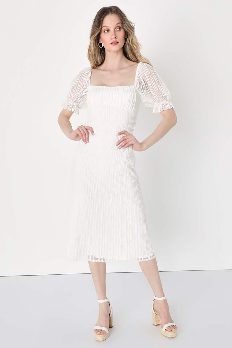 Delicate Desires White Mesh Puff Sleeve Midi Dress