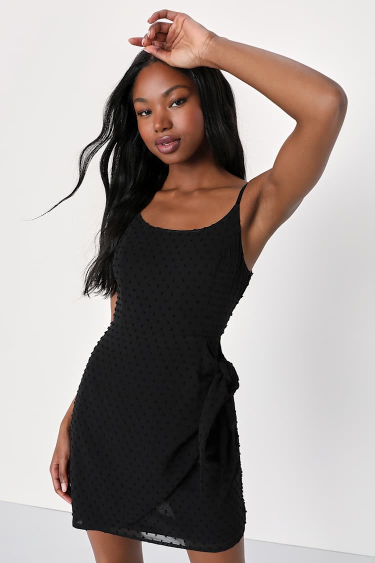 Black Swiss Dot Dress - Faux-Wrap Dress - Sleeveless Dress - Lulus