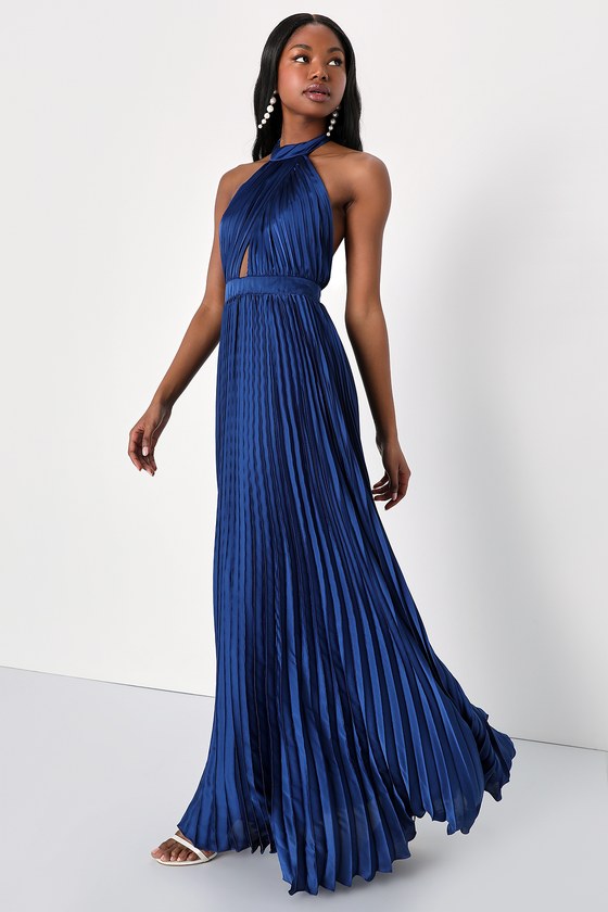 Lulus Midnight Moves Navy Blue Pleated Satin Cutout Halter Maxi Dress