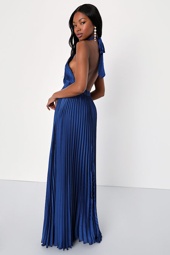 Navy Blue Satin Dress - Pleated Halter Dress - Cutout Maxi Dress