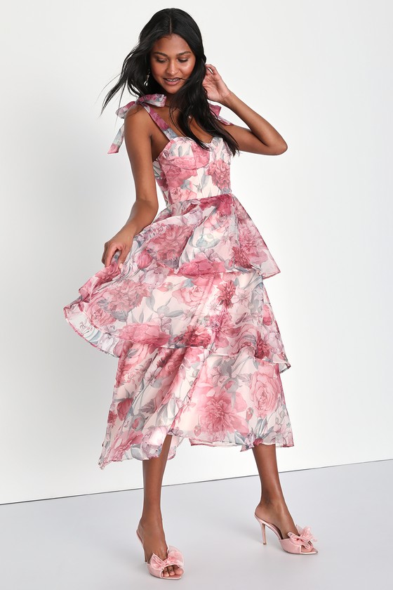 Lulus Playfully Posh Blush Floral Organza Tie-strap Tiered Midi Dress In Pink