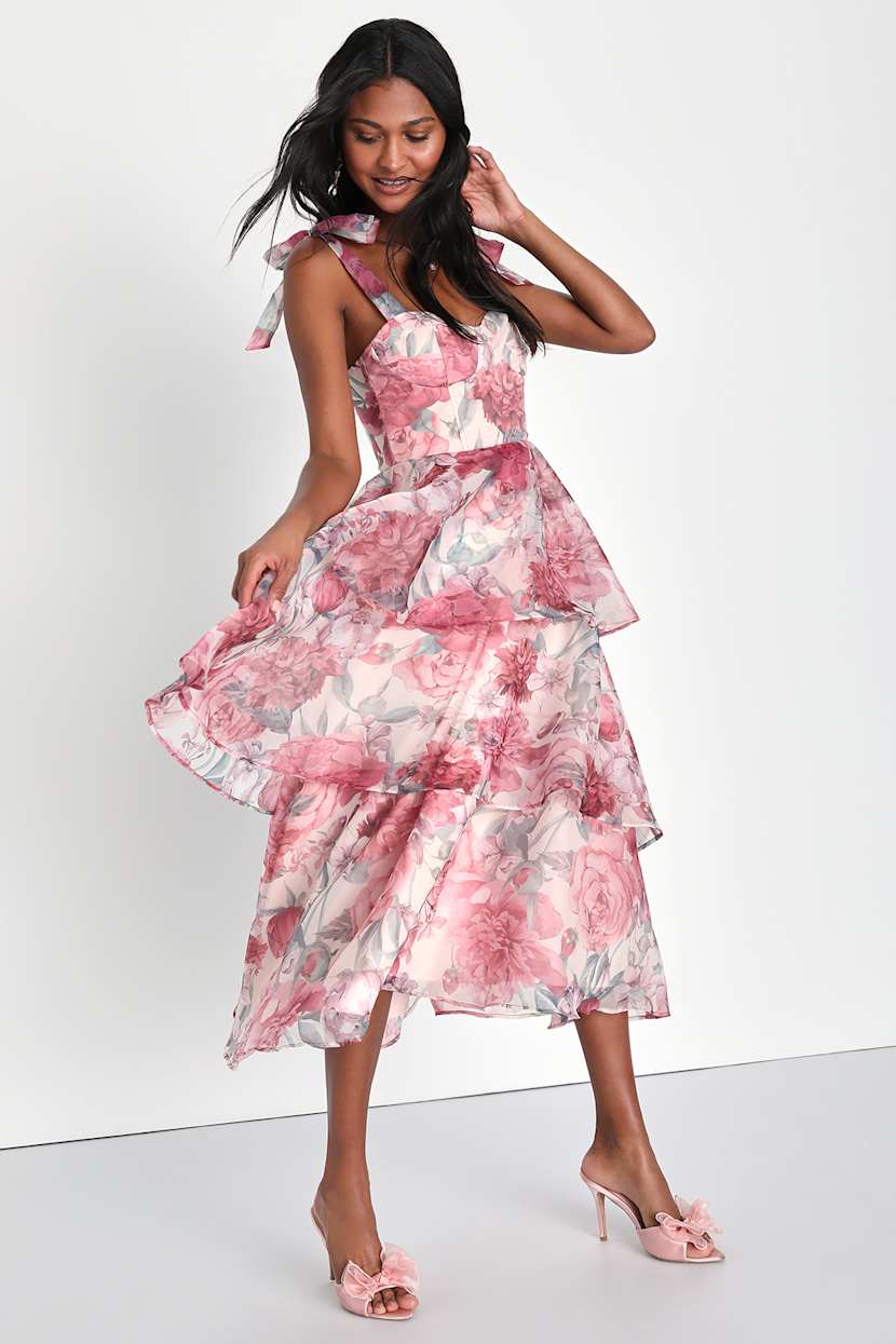 playfully posh blush floral organza tie-strap tiered midi dress Lulus Playfully Posh Blush Floral Organza Tie Strap Tiered Midi Dress