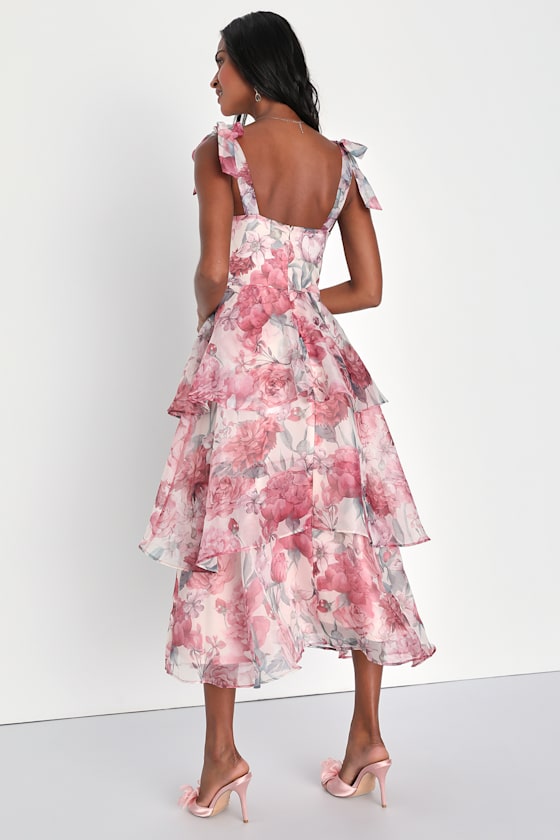 Floral Midi Dress - Tiered Midi Dress - Tie-Strap Midi Dress