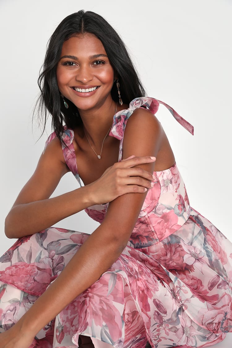 Playfully Posh Blush Floral Organza Tie-Strap Tiered Midi Dress