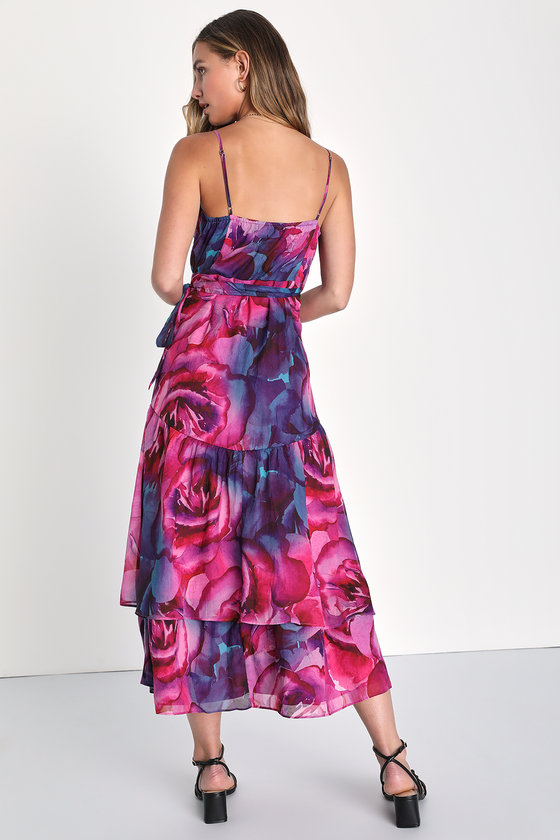 Purple Floral Dress Chiffon Wrap Dress Floral Midi Dress Lulus