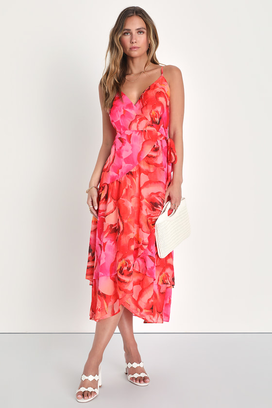 Red Orange Floral Dress - Chiffon Wrap Dress - Floral Midi Dress - Lulus