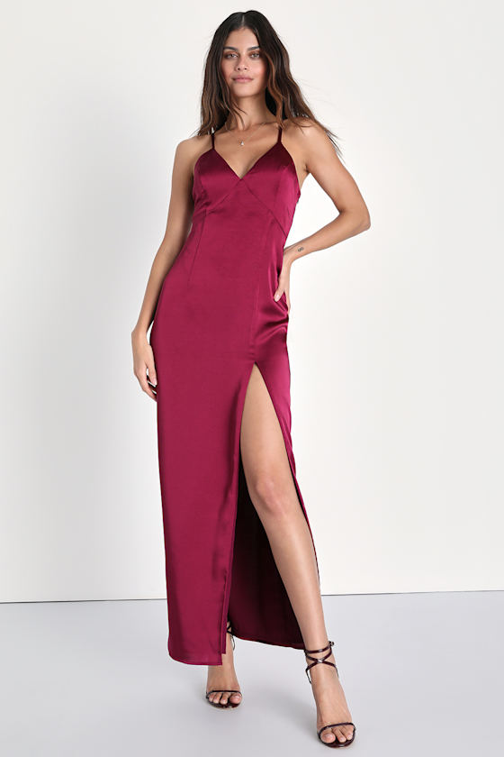 Chic Burgundy Maxi Satin Dress Slip Dress Sexy Maxi Dress Lulus