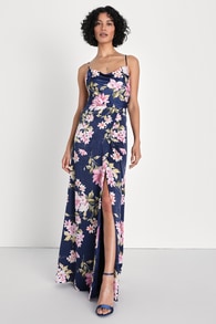 Love of Romance Navy Floral Print Satin Cowl Neck Maxi Dress