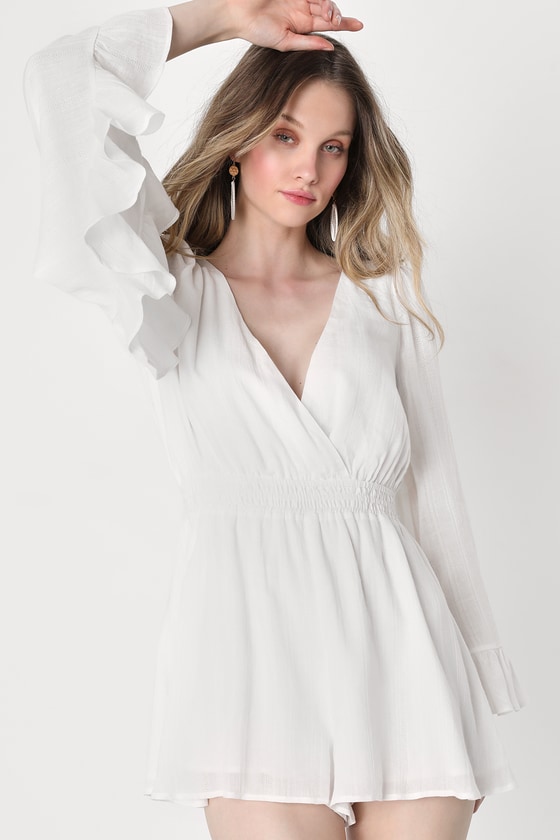 Lulus Airy Adoration Ivory Bell Sleeve Ruffled Romper In Off White
