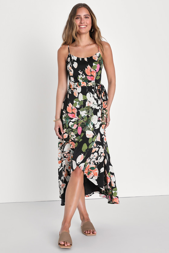 Lulus Sensational Destiny Black Floral Print Faux-wrap High-low Dress