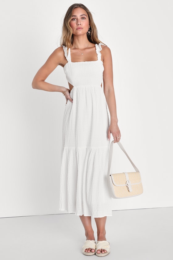 Lush Dreamiest Darling White Smocked Tie-back Tiered Midi Dress