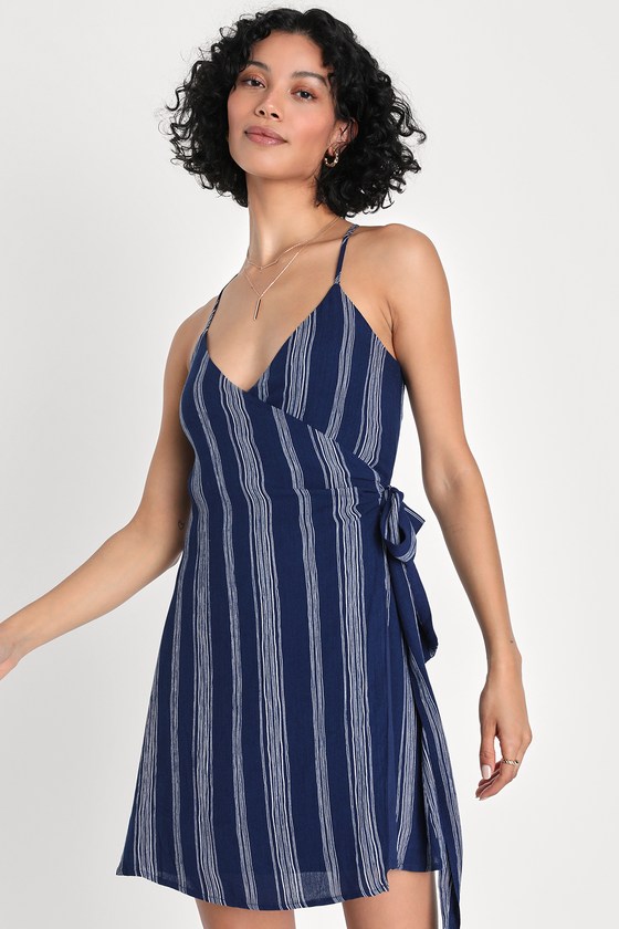 Lulus Breezy Aesthetic Navy Blue Striped Wrap Mini Dress