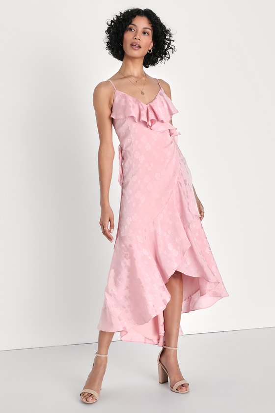 Lulus Exquisite Presence Blush Floral Jacquard High-low Wrap Dress In Pink