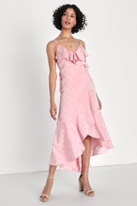 Exquisite Presence Blush Floral Jacquard High-Low Wrap Dress